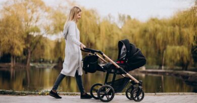 Young mother walking with baby carriage in park